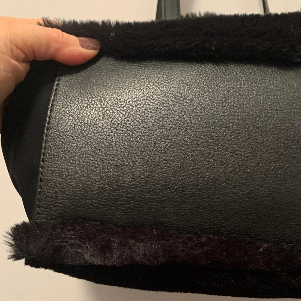 Black Faux Fur Tote with Leather Straps